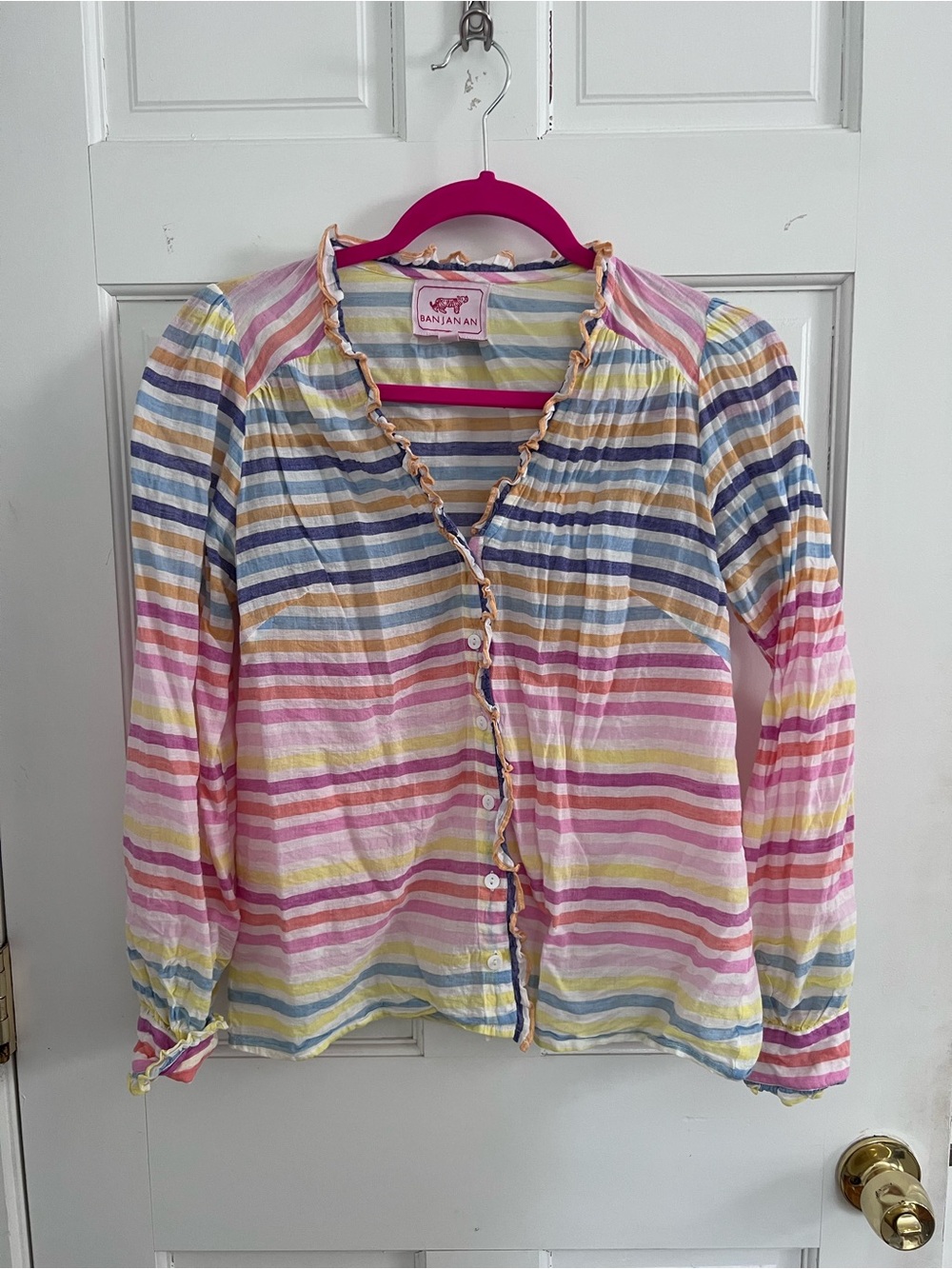 Banjanan Harlow Shirt in Candy Stripe Pastel Striped Ruffle-Trim Button-Front S